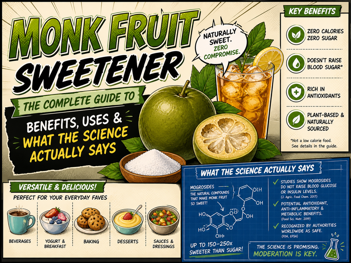 Comprehensive monk fruit sweetener guide infographic showing fresh luo han guo fruit and extract powder. t highlights monk fruit benefits like zero calories, a zero glycemic index for blood sugar management, and antioxidant-rich mogrosides.