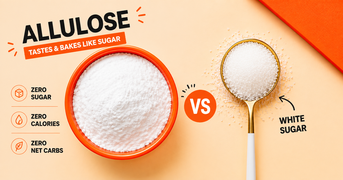 Allulose powder beside table sugar, the rare sugar used in zero-sugar sweeteners