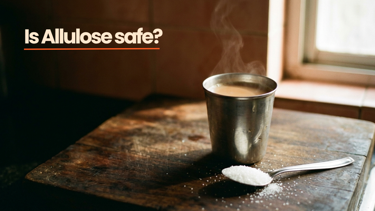 A steel tumbler of masala chai and a spoon of allulose crystals on a worn wooden kitchen counter, the question of whether allulose is safe for everyday use