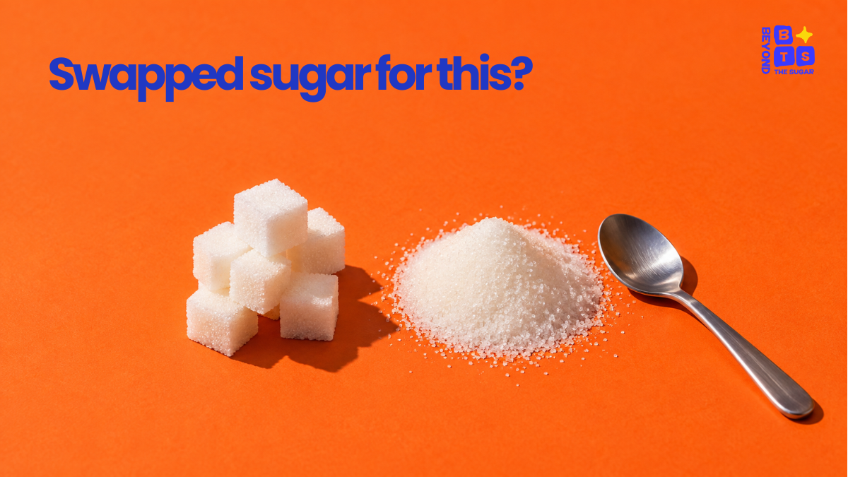 Sugar cubes beside a mound of erythritol crystals on an orange background, asking whether erythritol is bad for you as a sugar swap