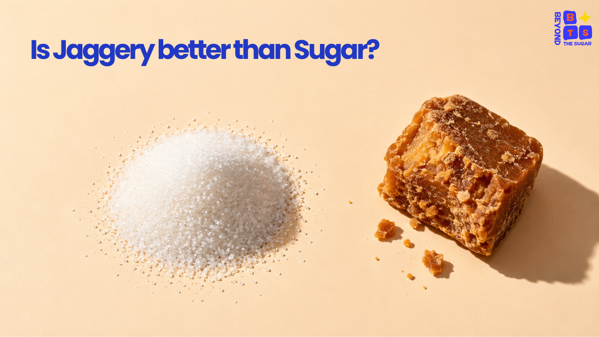 A block of dark jaggery and a heap of white sugar of the same weight side by side on a cream surface