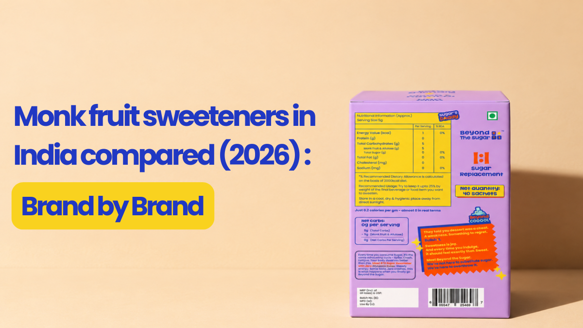 	Beyond The Sugar Super Sweetener pouch photographed from behind, ingredients panel facing the camera
