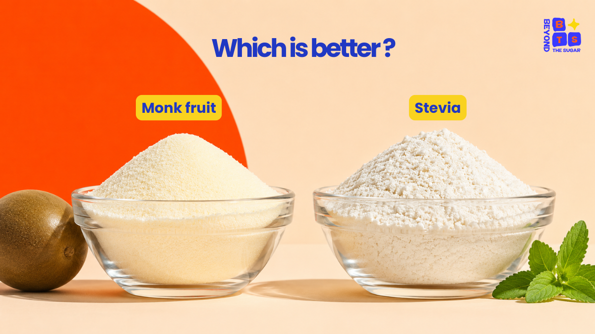 Monk fruit vs stevia sweetener compared side by side in two glass bowls
