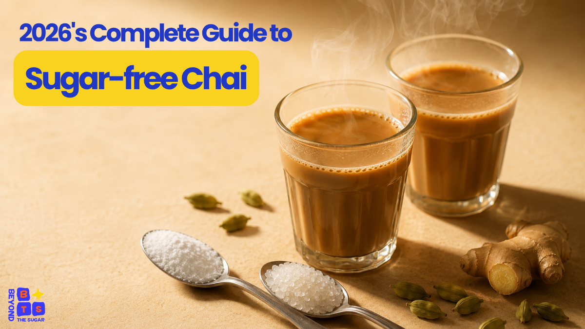 Two glasses of masala chai beside a spoon of monk fruit and allulose sweetener and a spoon of sugar