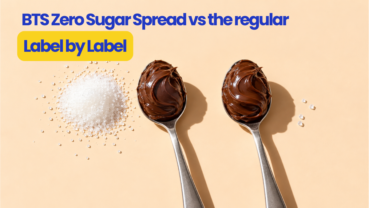 Two teaspoons of chocolate hazelnut spread on a cream surface, one beside a heap of white sugar and one beside a few grains, showing how much sugar each carries.