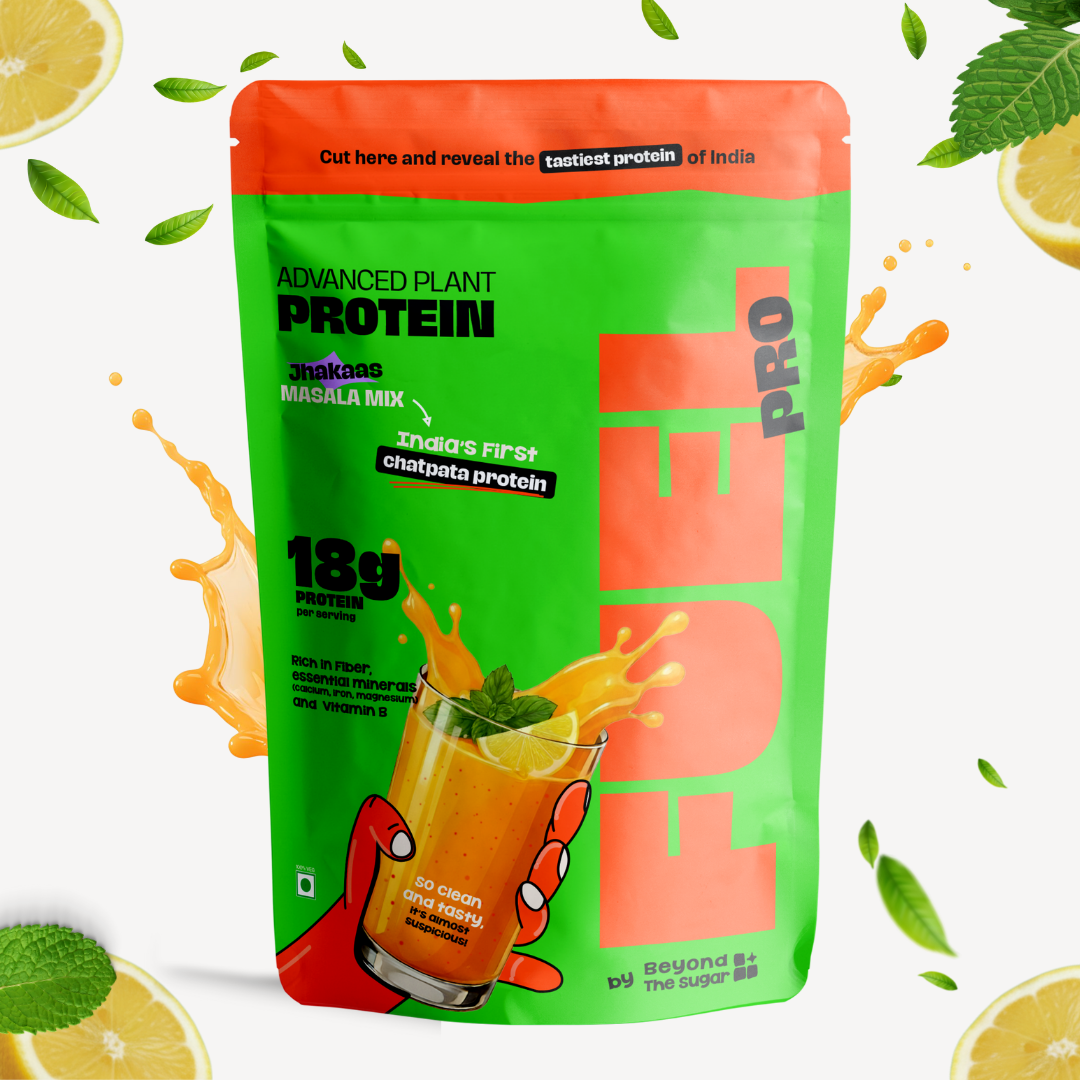 Green and orange package of Fuel Pro plant protein with lemon slices and mint leaves on a white background