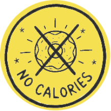 Circular sticker with 'No Calories' text and crossed-out food icon on a yellow background