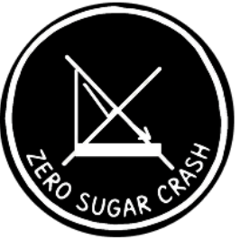 Circular logo with 'Zero Sugar Crash' text and a graphic of a barbell crossed out on a white background.